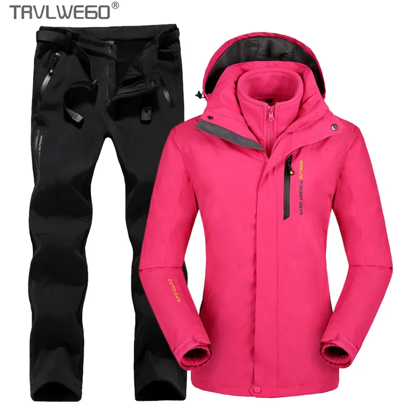 

TRVLWEGO Women Camping Hiking Jacket Pants 1 Set Outdoor Waterproof Windproof With Thicken Fleece Climbing Jackets&Pants