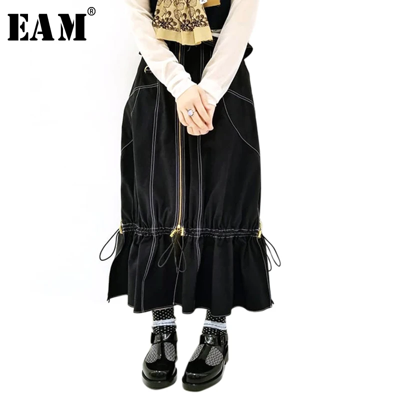 [EAM] новая весенняя летняя черная джинсовая юбка средней длины с высокой талией и завязками, с оборками сбоку, Женская мода JU103