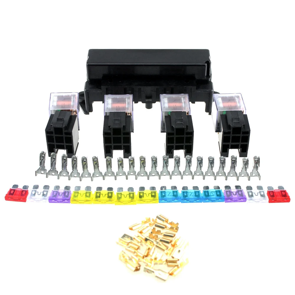 

Universal 10 Way Fuse Box 5-Pin Socket Base Relay Fuse Holder Block with 13Pcs Standard Blade Fuses
