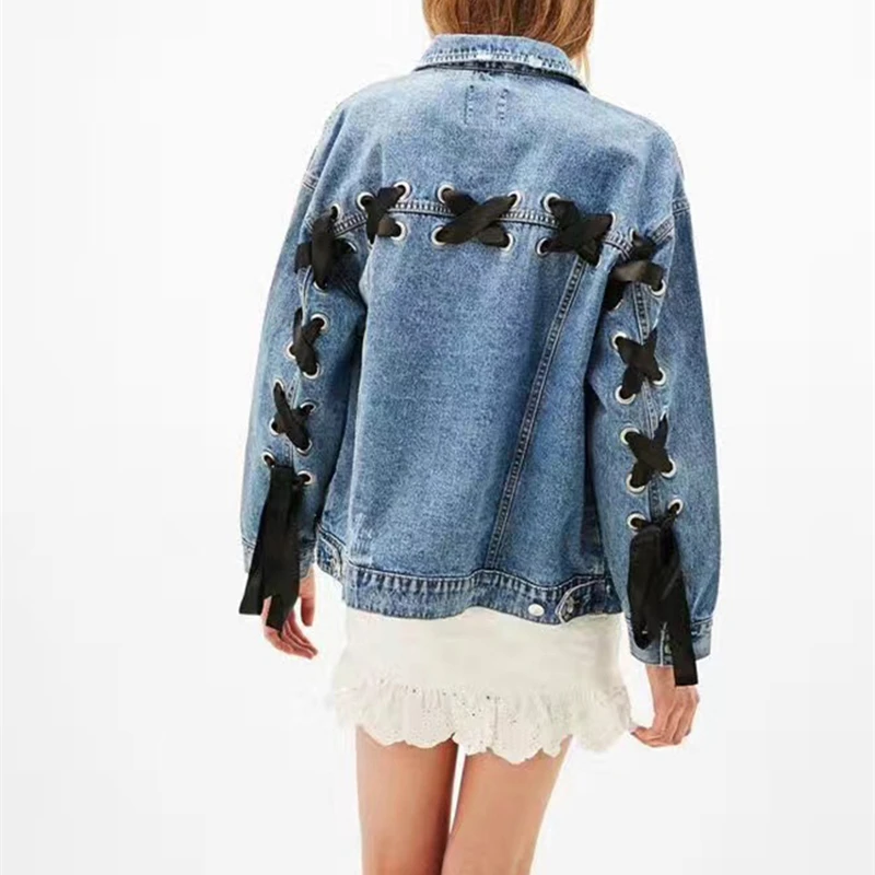 

Turn Down Collar Jacket Denim Jacket Loose Women Jeans Coat Female Spring Bomber Jacket Feminina Oversize Autumn Lace Up Bowknot