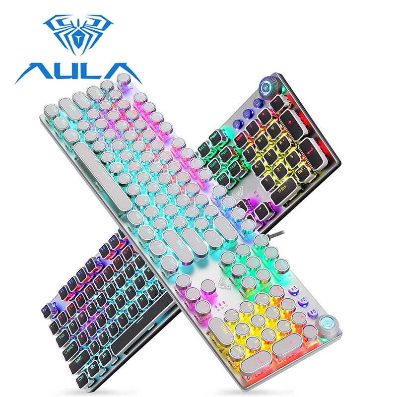 

AULA Mechanical Gaming Keyboard Retro Steampunk RGB LED Backlight Blue Switch 104 keys Waterproof for PC Computer Gamer Kyeboard