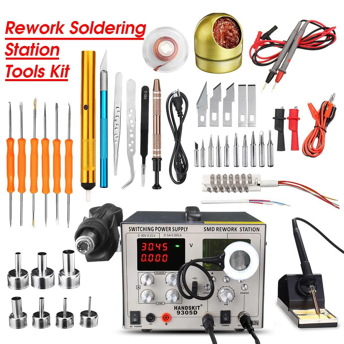 

4 IN 1 800W Soldering Station LED Digital Solder Iron Hot Air Gun Rework Station DC 5V SMD 9305D Electric Soldering Iron Set