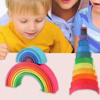 

Baby Rainbow Stacker Nesting Puzzle Blocks 12 Pcs Wooden Building Blocks Children's Early Education Enlightenment Instrument