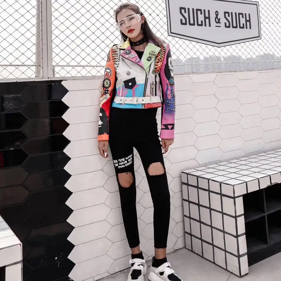 lower price  LORDXX Cropped Leather Jackets Women Hip hop Colorful Studded Coat New Spring Ladies Motorcycle Pun