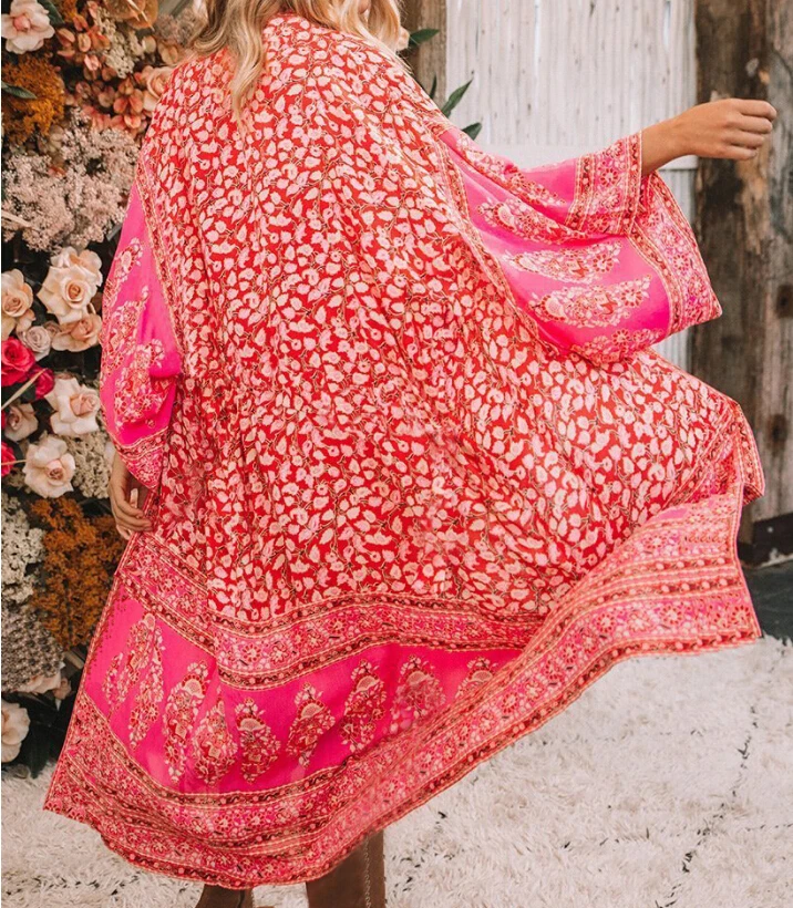 

Women Retro Print Bikini Cover Up Long Sleeve Wide Loose Sleeve Swimwear Cardigan Bathing Suit