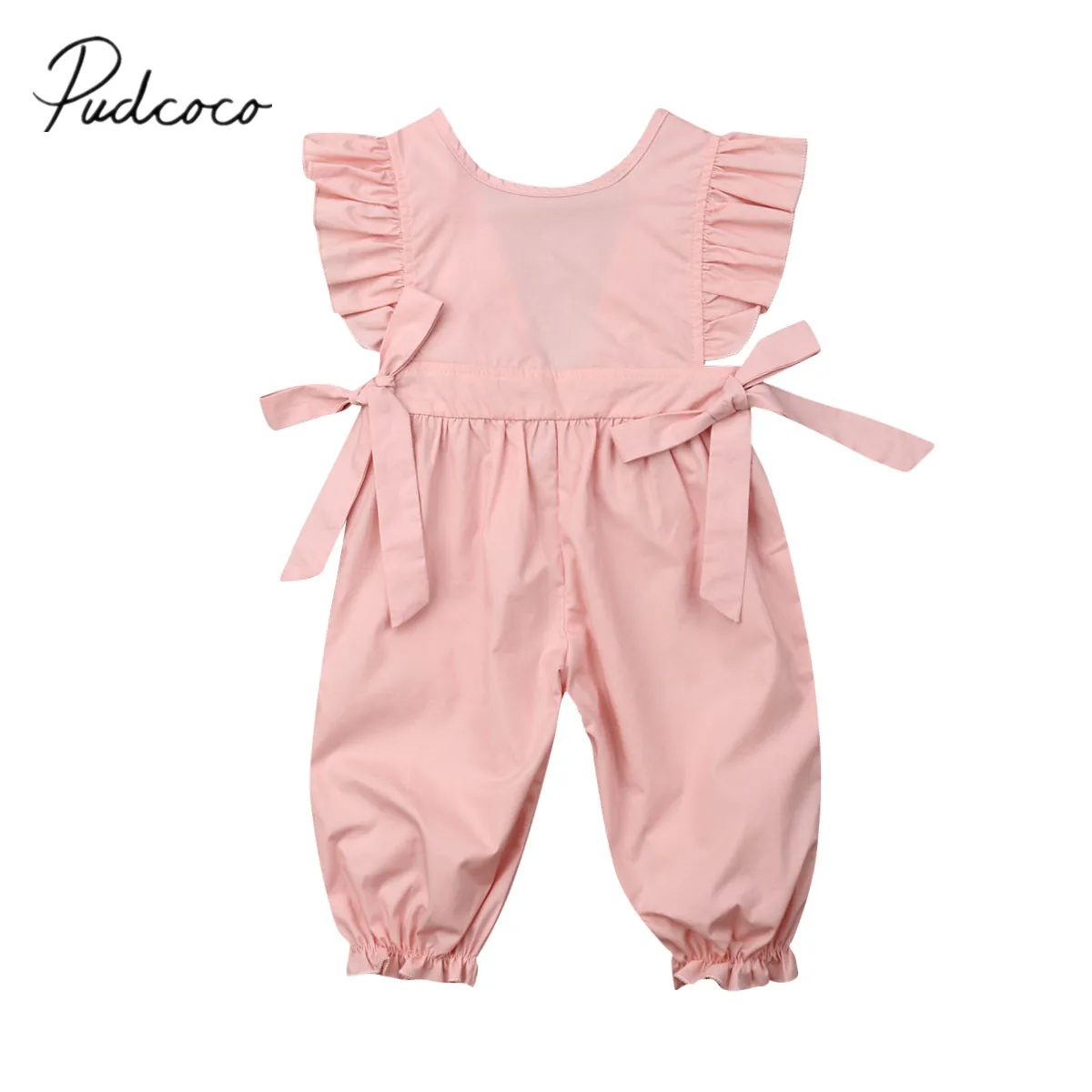 

2019 Baby Summer Clothing 0-24M Newborn Toddler Girl Bowknot Romper Clothes Ruffle Sleeve Pink Solid Romper Jumpsuit Outfit