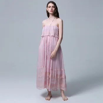 

Summer new tour resorts beach dress temperament Bohemian sexy suspenders wrapped breast silk embroidered dress