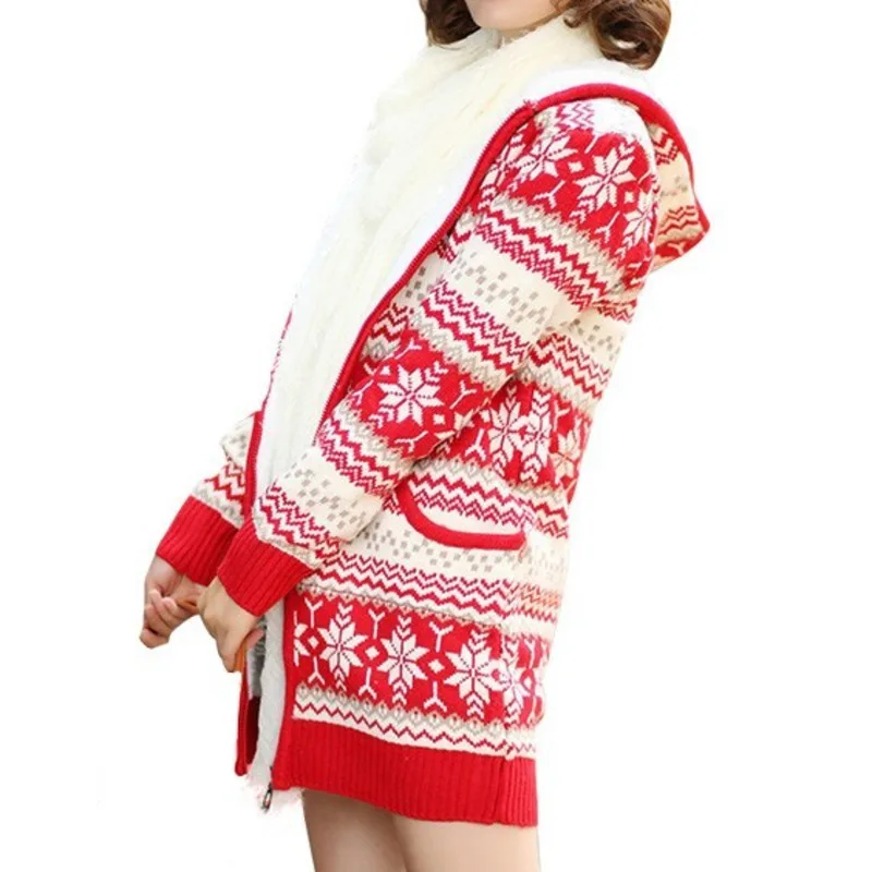 Зимние Рождественские свитера для женщин с флисовой подкладкой, с длинными рукавами, с капюшоном, трикотаж, утепленные, сохраняющие тепло, вязаные кардиганы, верхняя одежда