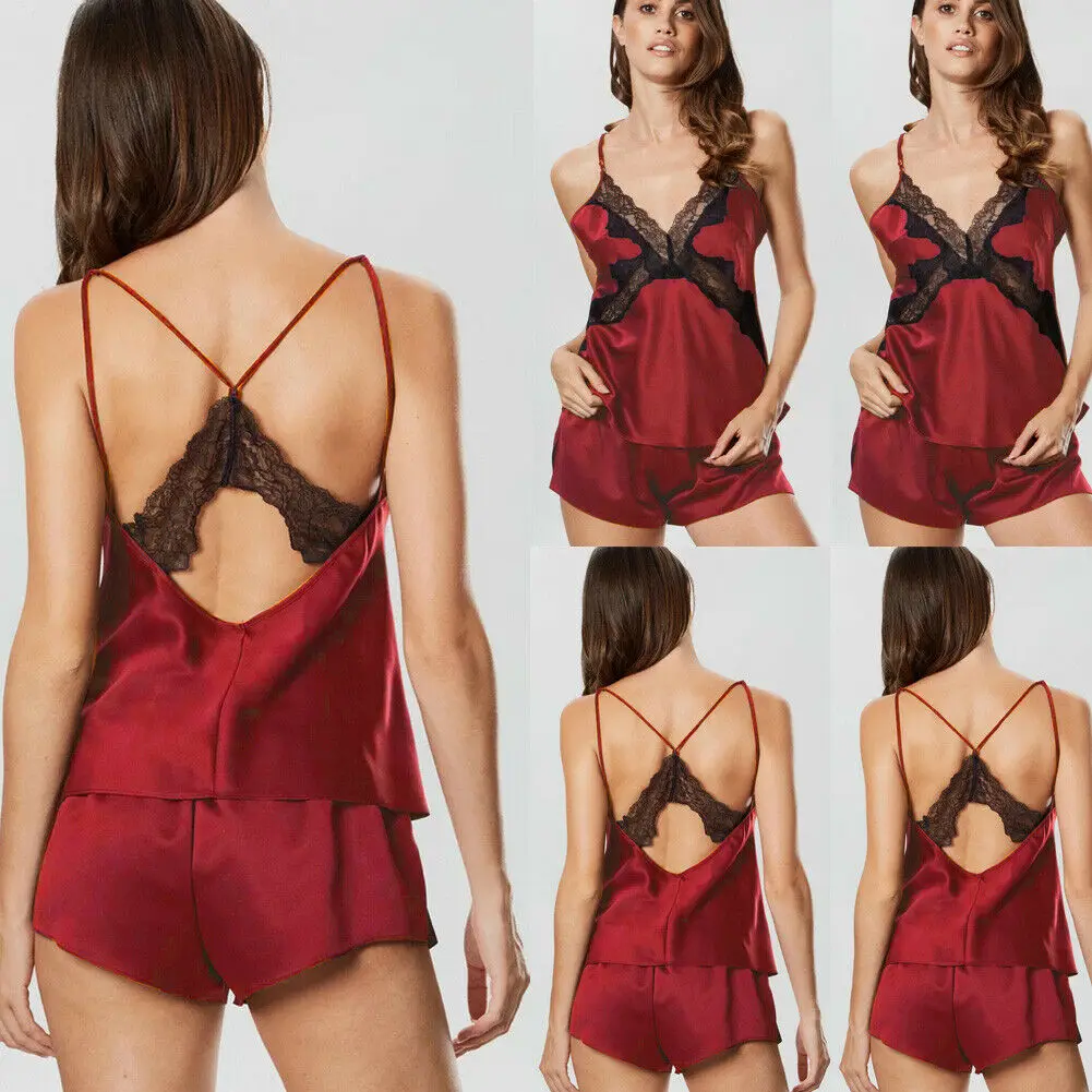 

2019 Fashion Satin Sexy Sleepwear Suit Pajamas Lace Lingerie Underwear Nightwear Women Hot babydoll bodysuit