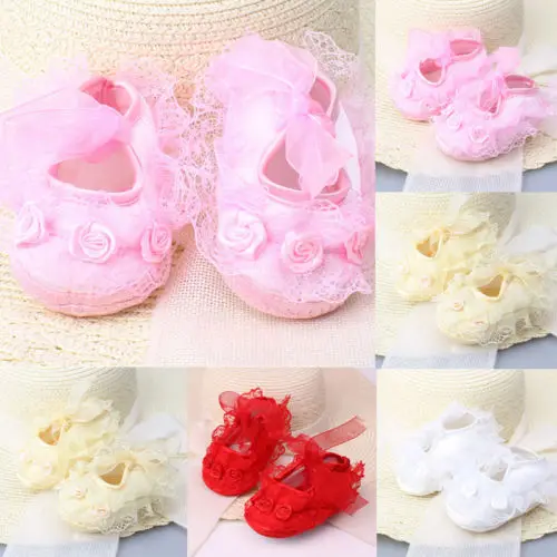 

2019 New Baby Infant Girls Newborn Christening Baptism Lace Shoes 4 Color for choose Soft Crib Shoes Prewalker