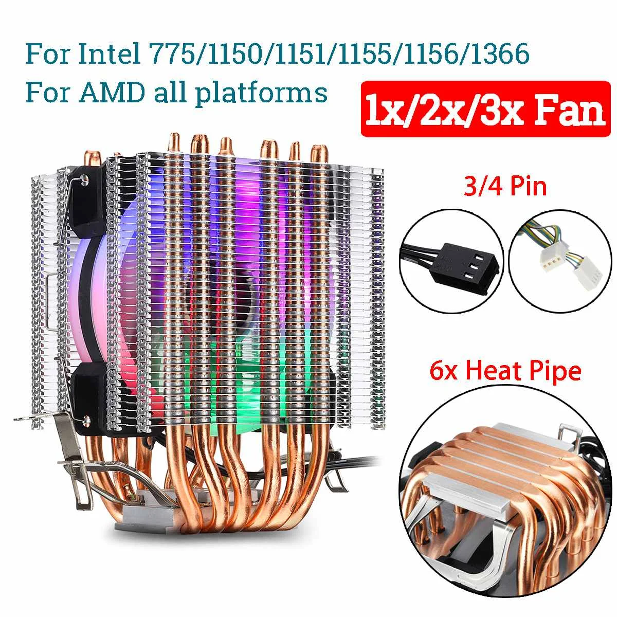 

6 Copper Heatpipe CPU Cooler Fan Heatsink 3/4 Pin RGB Fan Cooler For Intel 775/1150/1151/1155/1156/1366 and AMD All Platforms