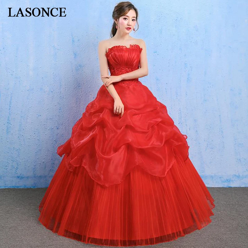 

LASONCE Pleat Strapless Red Tiered Tulle Ball Gown Wedding Dresses Off The Shoulder Lace Appliques Backless Bridal Dress