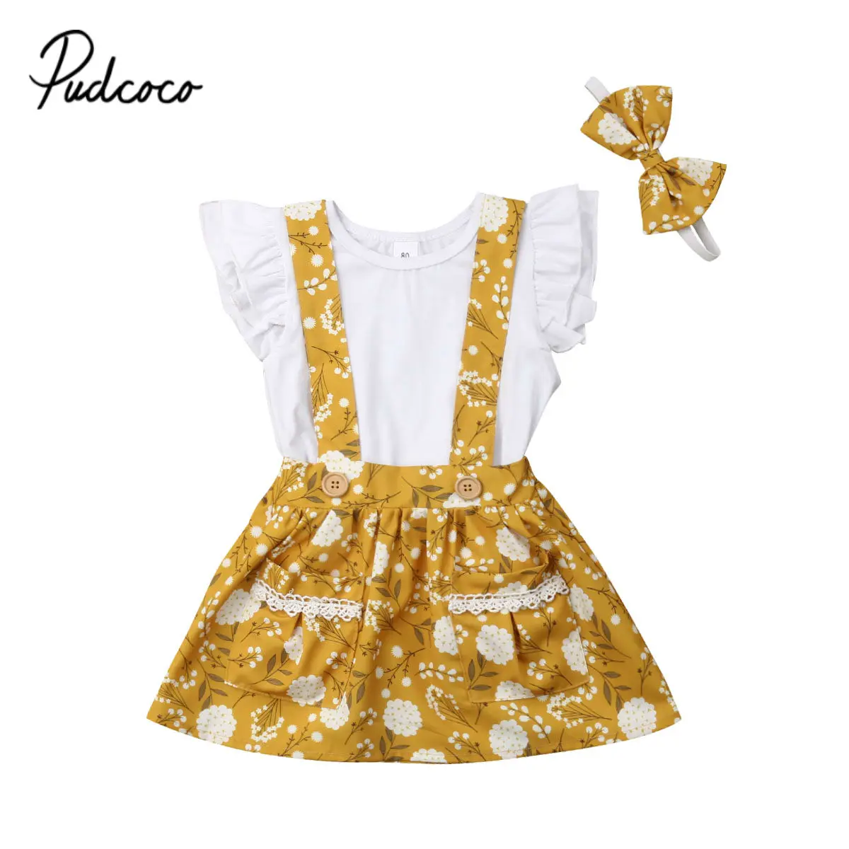 

2019 Baby Girl Clothes 3pcs Clothing Sets Lace Cotton Ruffle Sleeve T-shirt Floral Overalls Golden Headband Newborn Clothes