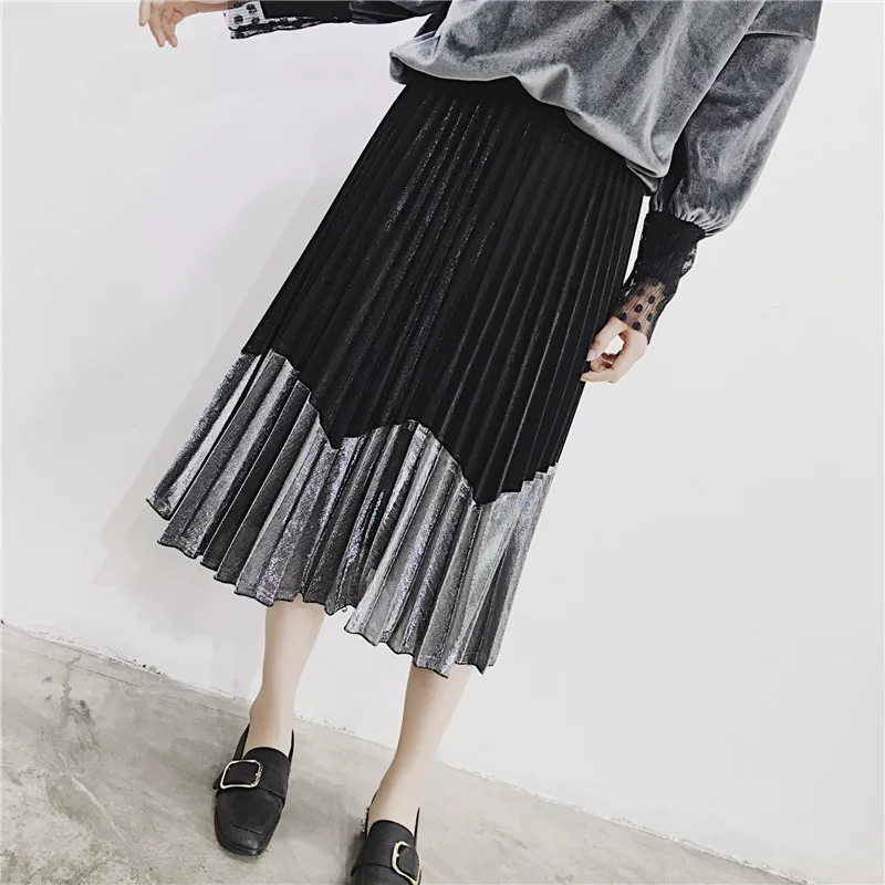 

LANMREM 2019 Spring Summer Korean New Fashion Patchwork Color Bottoms All-match Elastic Waist Pleated Skirt Loose Women F89201