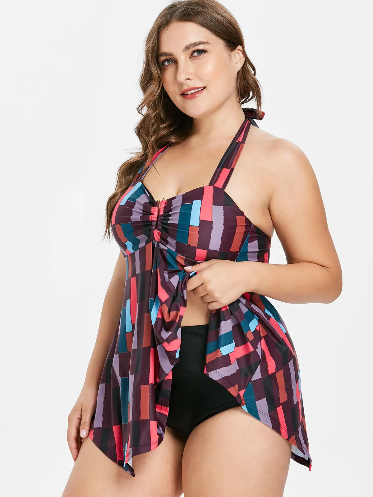 

LANGSTAR 2019 New Plus Size Tankini Set Women Swimwear Two Piece Print Halter Large Swimsuit Swimming Dress Bathing Suit Bandeau