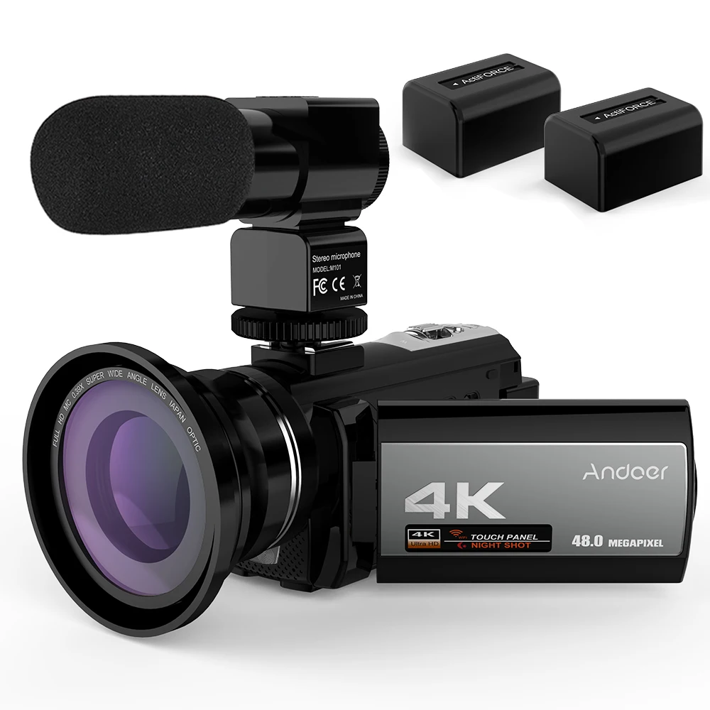 Andoer Portable 3" 4K 48MP WiFi Digital Video Camera Camcorder w/ External Microphone+0.39X Wide