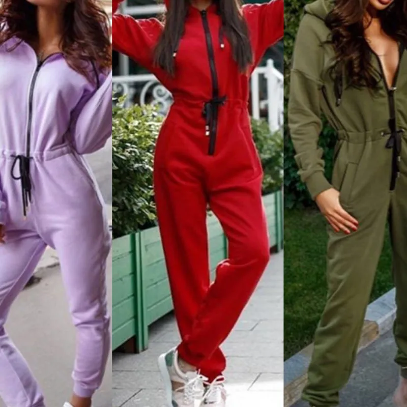 

2019 New Style Women Casual Hoodie Solid Zipper Jumpsuit Romper Long Sleeve