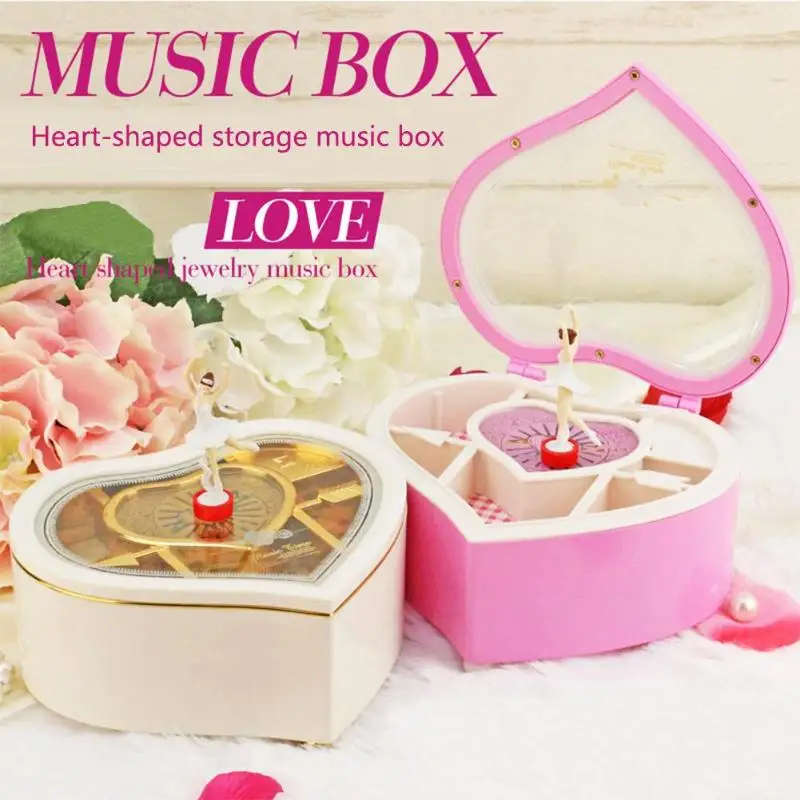 Heart Shape Dancing Ballerina Music Box PLastic Jewellery Box Carousel Hand Crank Music Mechanism Gift For Valentine's Day