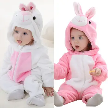 

Cartoon Rompers One-pieces Kid Baby Boy Girls Rabbit Flannel Zipper Hooded Romper Jumpsuit Outfits Warm Winter Baby Clothes