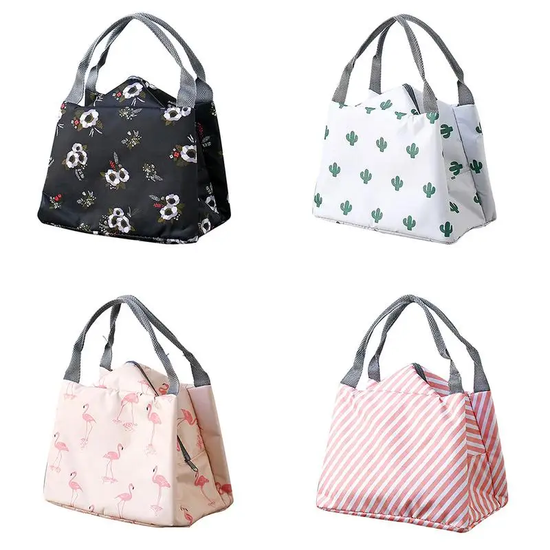 

Portable Lunch Bag Canvas Aluminum Foil Storage Cooler Bag Flamingo Cactus Pattern Waterproof Ladies Box Household Nordic Style