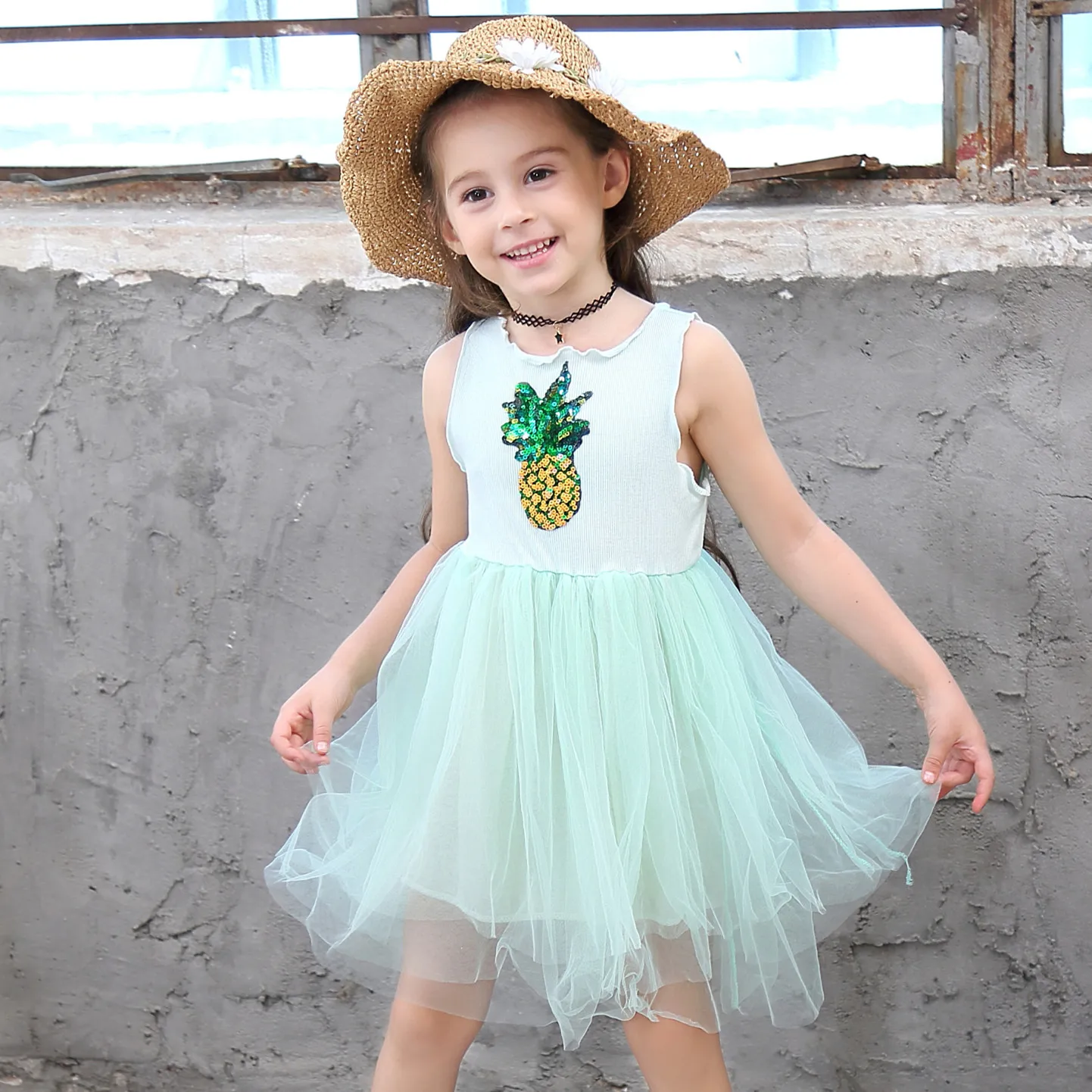 

Kids girls dress 2019 summer new cotton pineapple mesh sleeveless children's clothing