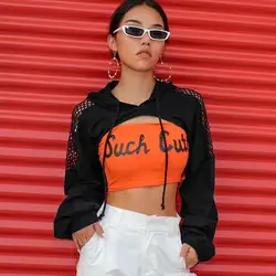 Модная женская черная короткая футболка с капюшоном и длинным рукавом, уличная одежда для вечерние и клубов, крутые топы с рыбками для