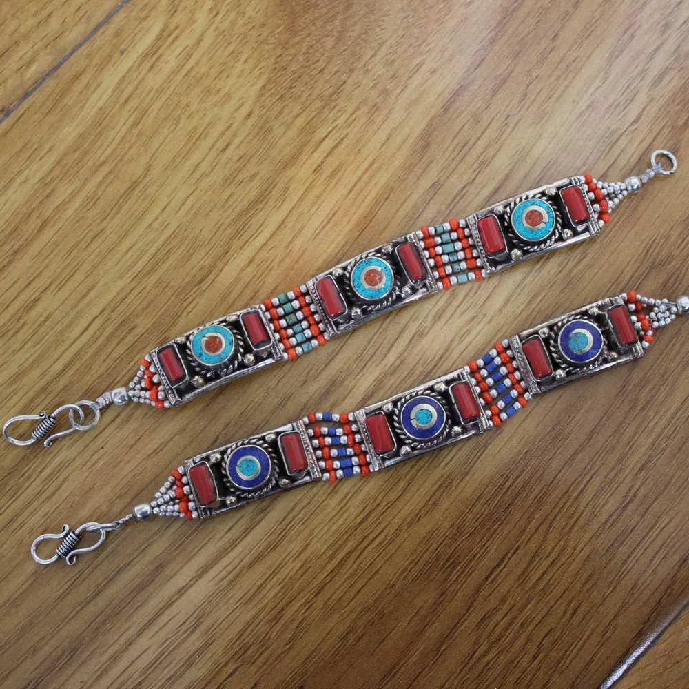 #*Cheap BR045 Ethnic Tibetan Cuff Bracelets For Women Copper Inlaid Colorful Stone Clasp Bracelet Nepal India Jewelry
