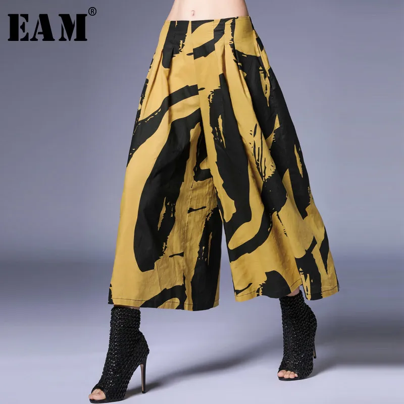 

[EAM] 2019 New Autumn Winter High Elastic Waist Pattern Printed 4 Colors Loose Wide Leg Pants Women Trousers Fashion Tide JS459