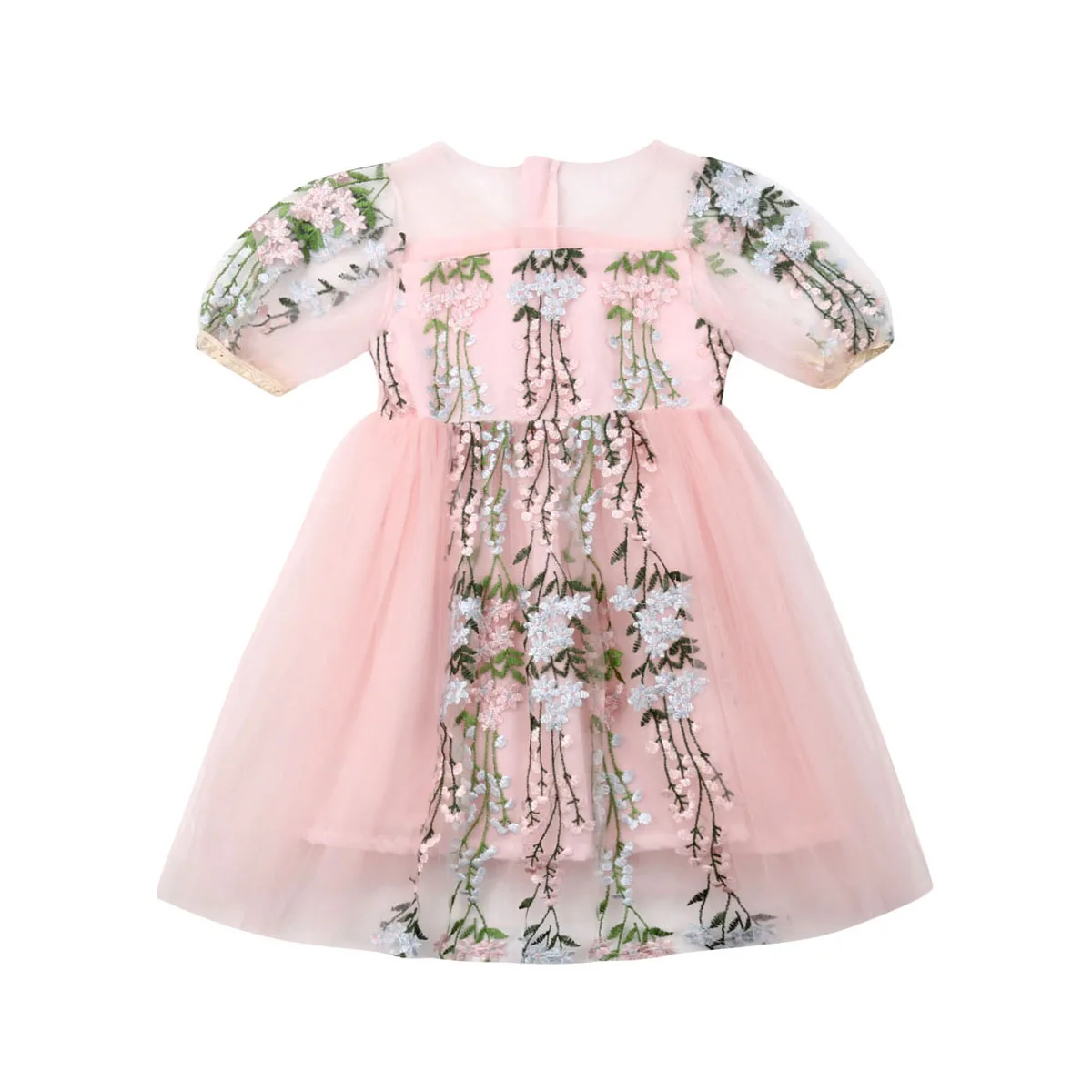 

Sweet Girls Princess Mini Dress Floral Embroidery Tulle Short Sleeves Baby Lace Party Gown Dresses Fashion Summer Clothes
