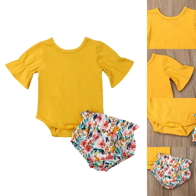 

Newborn Toddler Baby Girls clothes round neck long sleeve solid Bodysuit Floral print shorts 2pc kids lovely cotton Outfits