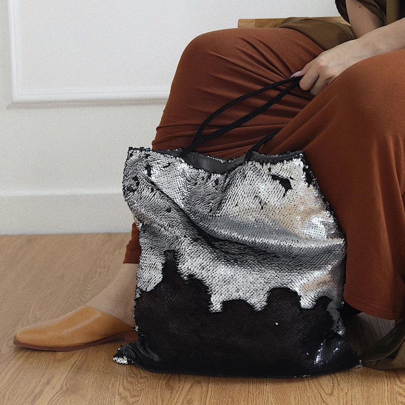 

[Super Seabob] 2019 Spring Summer Woman Personality Hit Color Spliced Sequined Double Handles Large Capacity Shoulder Bag LM031
