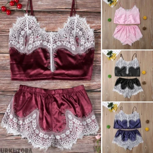 

Brand New Sexy 2Pcs Lingerie Sleepwear Women Sleeveless Lace Floral Silk V Neck Shirt Tops+Hot Shorts Backless Ladies Nightwear