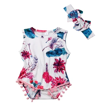 

2019 Newborn Toddler Baby Girl Floral Bodysuit Sleeveless Round Neck Headband Jumpsuit Bodysuits Costume Tassel Clothes Outfit