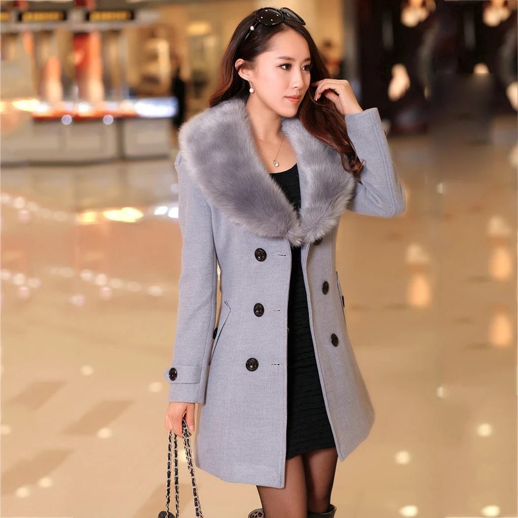 Hiver Avec Manteau gray Long Double Élégantes Col Outwear Laine Femmes 2018 Black Chaud Plus Taille Boutonnage Veste De Fourrure brown Fit Mince La Ceinture Dames qZwv8gA