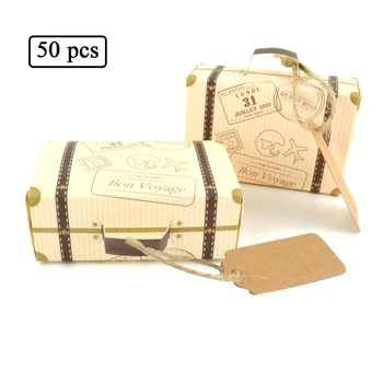 

50Pcs/set Little Paper Boxes for Wedding Candy Retro Travel Theme Suitcase Wedding Favor Candy Holder Boxes for Gifts Cakes