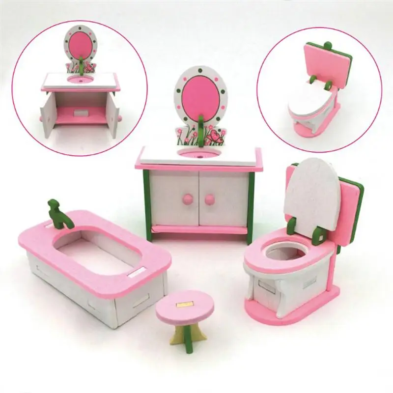 Doll House Furniture Set Miniature Bathroom Kitchen Bedroom Traditional Wooden Family Pretend Play Toys Gift For Girls Children