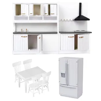 

1:12 Scale Dollhouse Kitchen Furniture Set Wooden Refrigerator Table Chair Model Miniature Doll House Accessories Decoration