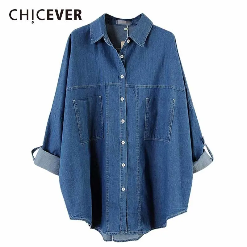 

CHICEVER 2019 Autumn Denim Women's Shirts Blouse Top Female Casual Loose Big Size Long Sleeve Blouses Korean Fashion Clothing