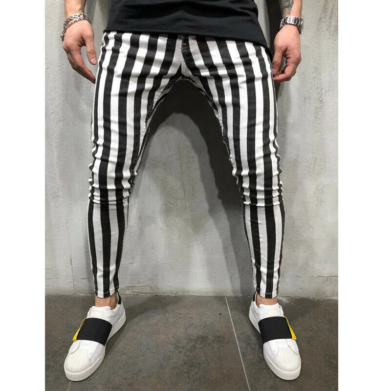 

Men's Summer Fashion Slim Comfortable Striped Plaid Black White Casual Pants US