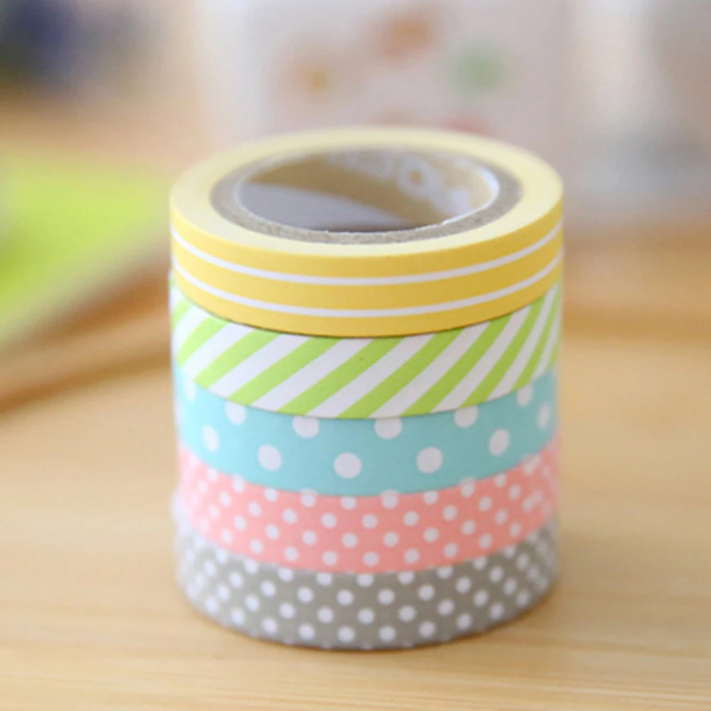 

QIND Paper Tape, 5Pcs Candy Color Rainbow Striped Dots Washi Tape DIY Decorative Tape Color Paper Adhesive Tapes