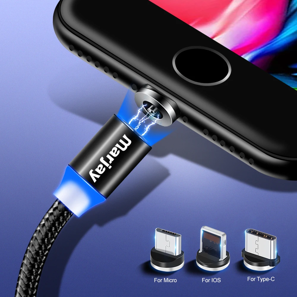 Магнитный зарядный кабель Marjay 1 м Micro USB для iPhone XR XS Max X Type C светодиодный