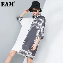 [EAM] Новинка, весенне-летнее черное свободное платье-рубашка с отворотами и половинным рукавом большого размера, Женская мода JR872