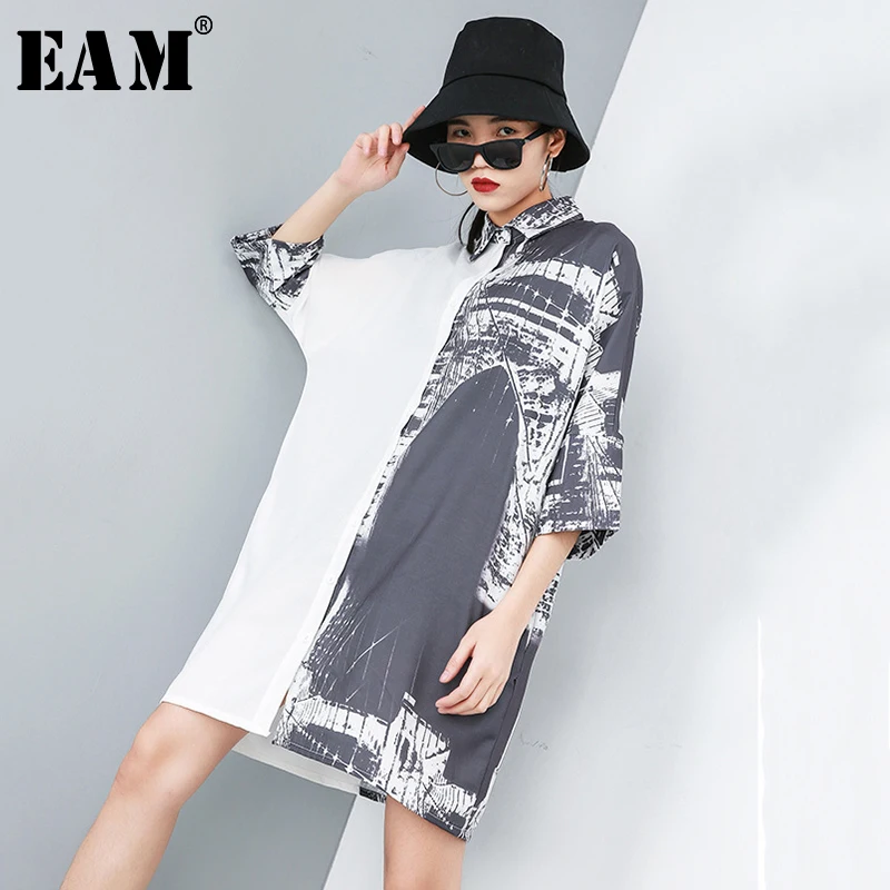 

[EAM] 2019 New Spring Summer Lapel Half Sleeve Black Big Size Half Pattern Printed Loose Shirt Dress Women Fashion Tide JR872