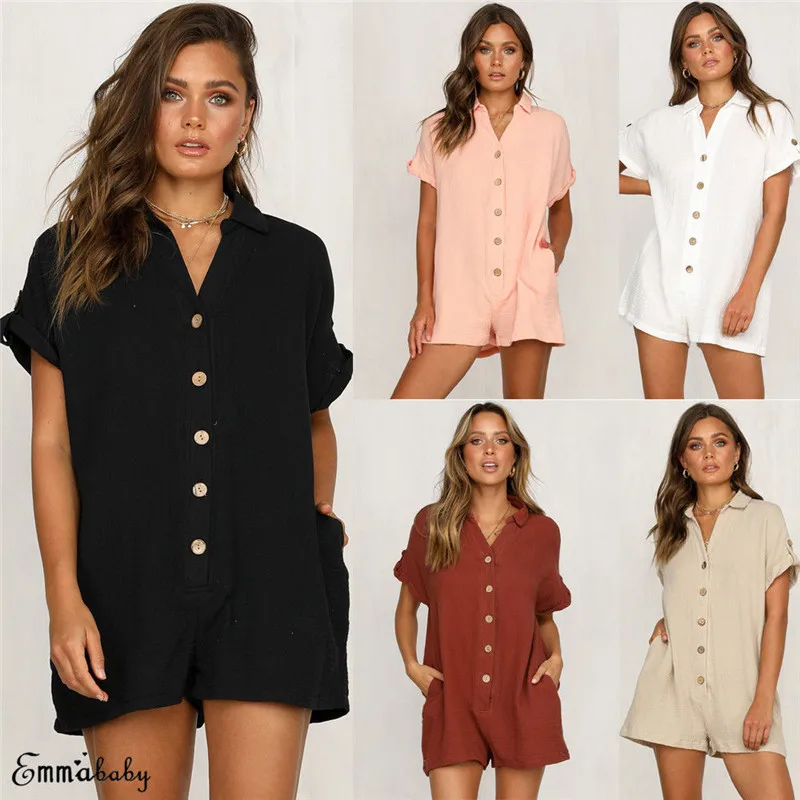 

Fashion Casual Loose Solid Women Lady Button Front Clubwear Summer Playsuit Bodycon Party Shorts Summer Clothes
