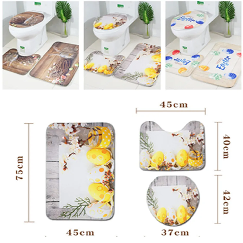 

3pcs/set Easter Placemat Bathroom Carpet Toilet Cover Mat Printed Fabric Eggs Rabbit Pattern Pads Easter Decoration for Home