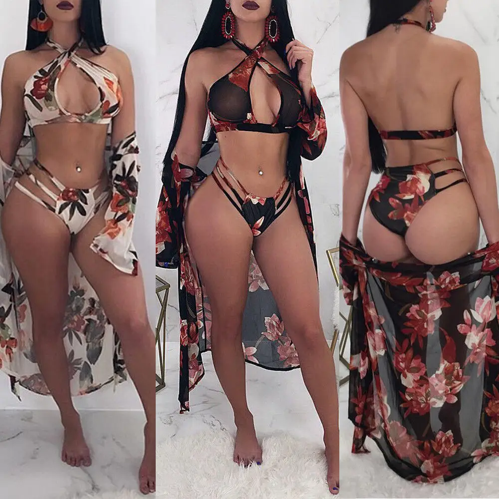 

GLANE 3pcs Women Floral Pop Bikini Set +Cover Ups Swimwear Beach Maxi Kimono Kaftan Dress Summer Beachwear Pop Swimming Dress