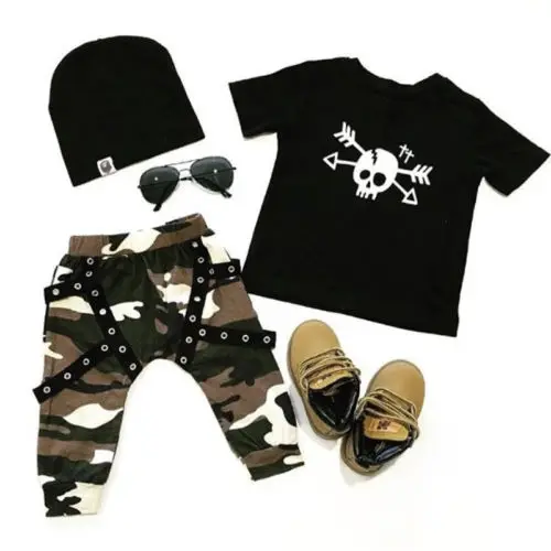 

Toddler Kids Baby Boy Skull T-Shirt Tops Camouflage Pants 2Pcs Outfits Clothes