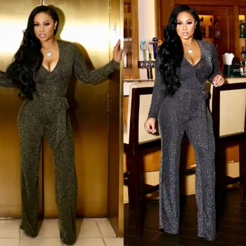 

2019 New Pattern Sexy Autumn And Winter V Lead Long Sleeve Chalaza Casual Jumpsuit Women
