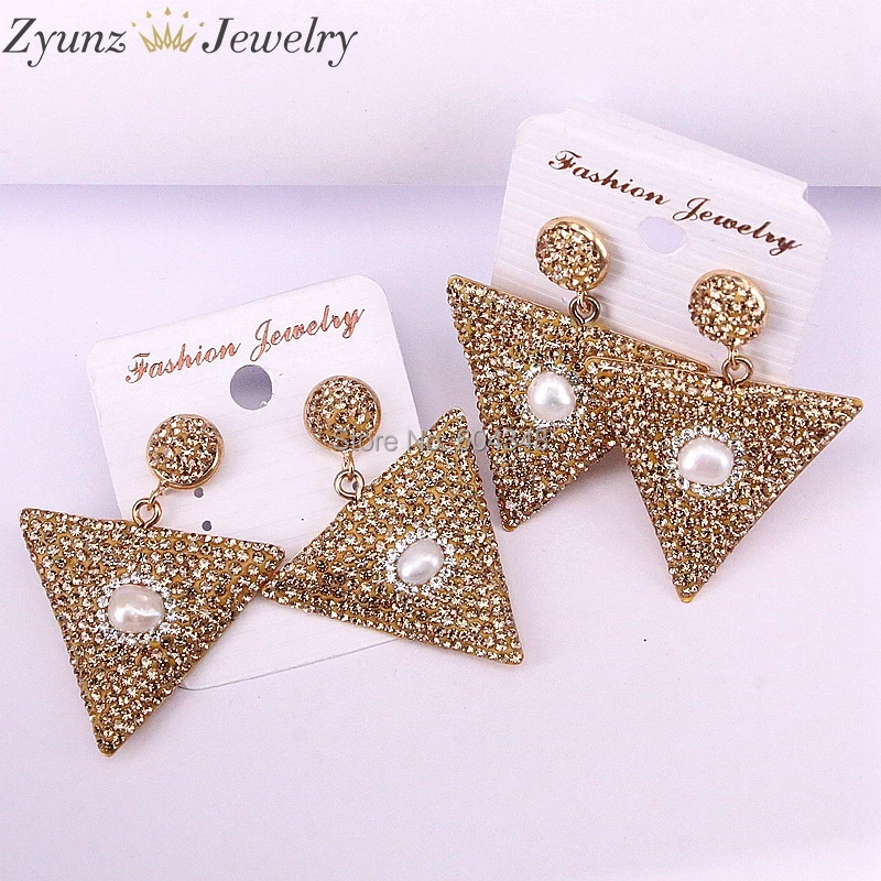 

5Pairs ZYZ335-6688 Golden Rhinestone Pearl Paved Triangle shape Dangle Earrings for Women High Quality Statement Jewelry