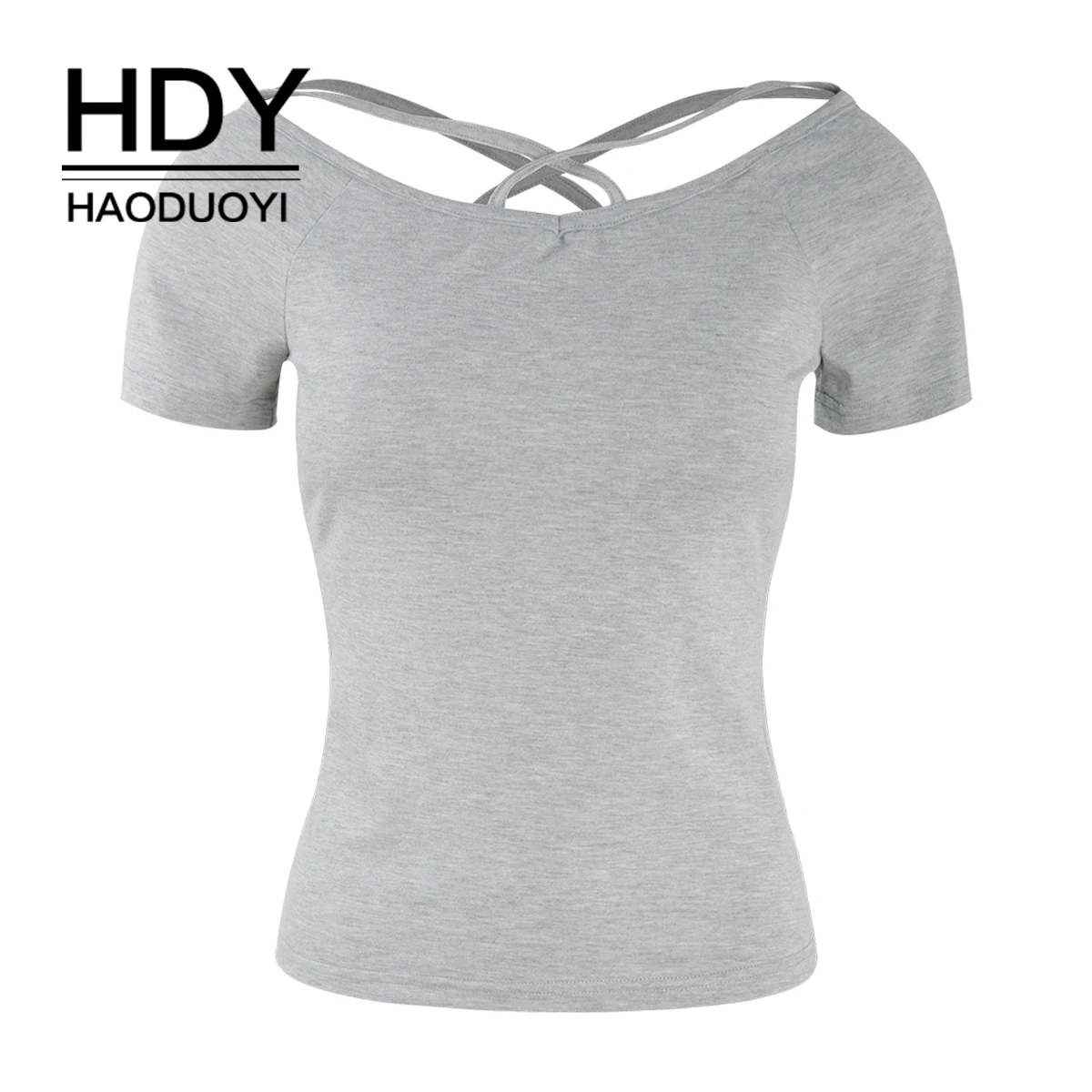Женская футболка HDY Haoduoyi Однотонная с перекрестными ремешками и открытыми